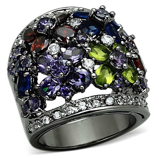 LOA884 - Ruthenium Brass Ring with AAA Grade CZ in Multi Color - Alamode - Flyclothing LLC