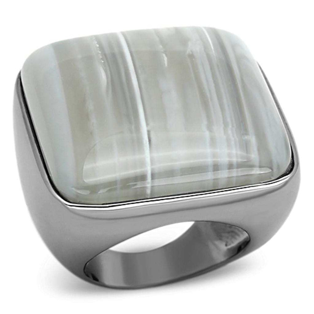 LOA905 - Ruthenium Brass Ring with Semi-Precious Agate in Light Gray - Alamode - Flyclothing LLC