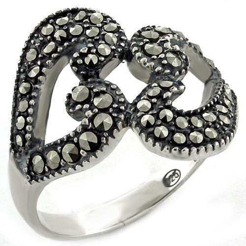 LOAS1010 - High-Polished 925 Sterling Silver Ring with Synthetic Marcasite in Jet - Alamode - Flyclothing LLC