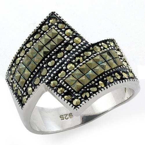 LOAS1100 - Antique Tone 925 Sterling Silver Ring with Semi-Precious Marcasite in Jet - Alamode - Flyclothing LLC