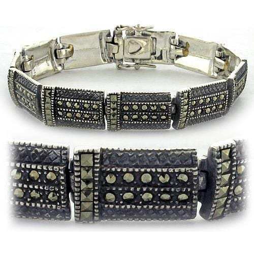 LOAS965 - Antique Tone 925 Sterling Silver Bracelet with Semi-Precious Marcasite in Jet - Alamode - Flyclothing LLC