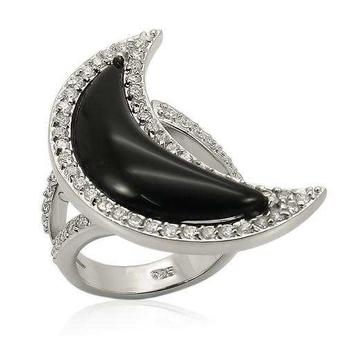 LOS202 - Rhodium 925 Sterling Silver Ring with Synthetic Synthetic Glass in Jet - Alamode - Flyclothing LLC