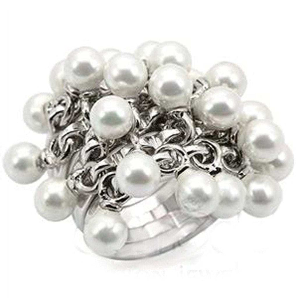 LOS447 - Rhodium 925 Sterling Silver Ring with Synthetic Pearl in White - Alamode - Flyclothing LLC