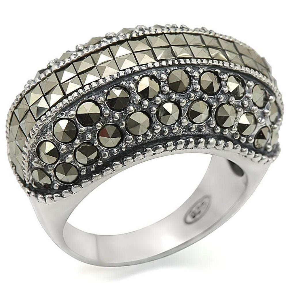 LOS466 - Antique Tone 925 Sterling Silver Ring with Synthetic Marcasite in Black Diamond - Alamode - Flyclothing LLC