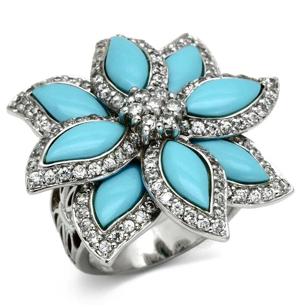 LOS557 - Rhodium 925 Sterling Silver Ring with Synthetic Turquoise in Sea Blue - Alamode - Flyclothing LLC
