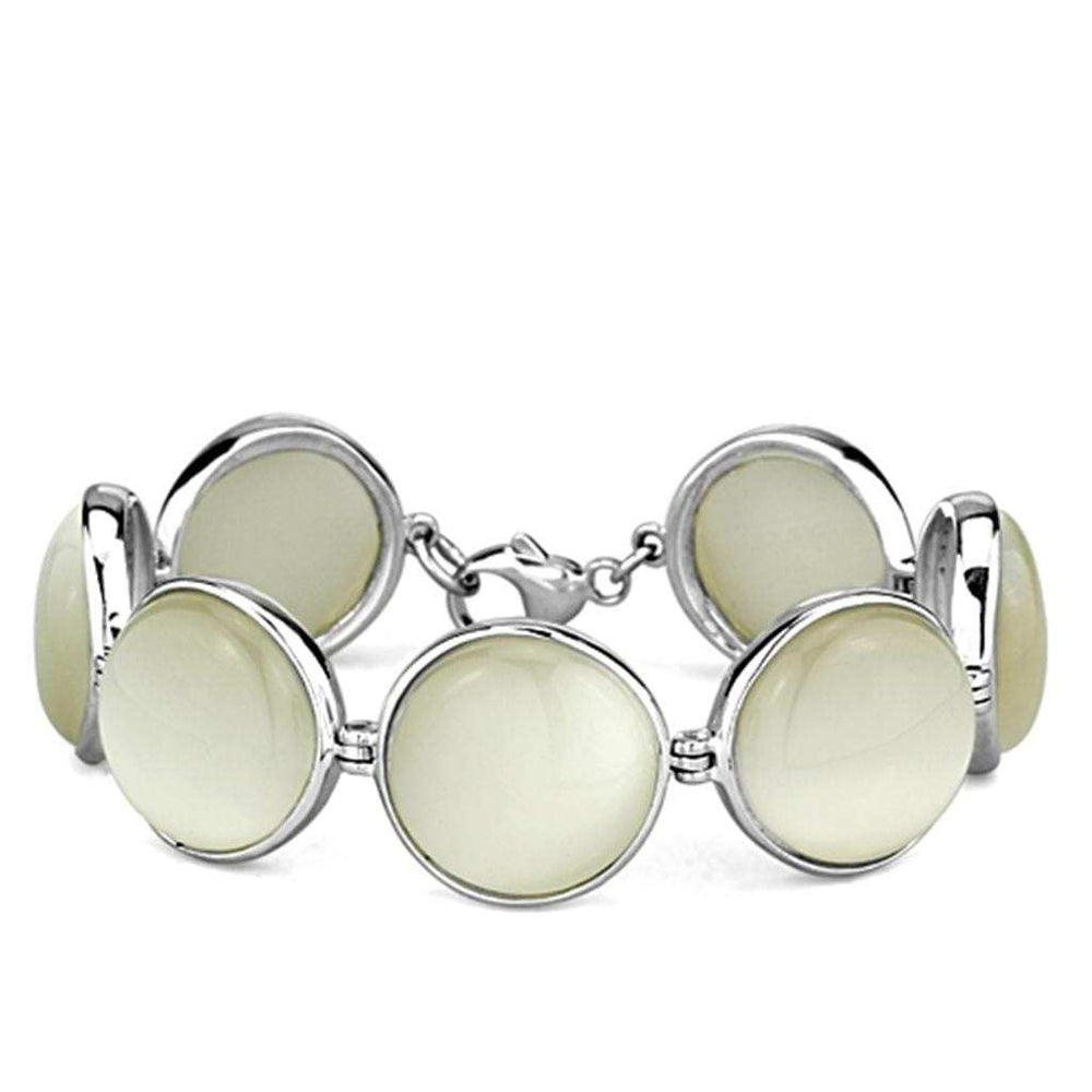 LOS762 - High-Polished 925 Sterling Silver Bracelet with Synthetic Cat Eye in White - Alamode - Flyclothing LLC