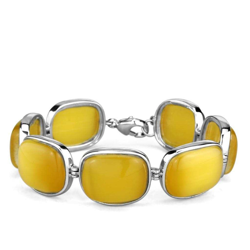 LOS763 - Rhodium 925 Sterling Silver Bracelet with Synthetic Cat Eye in Topaz - Alamode - Flyclothing LLC