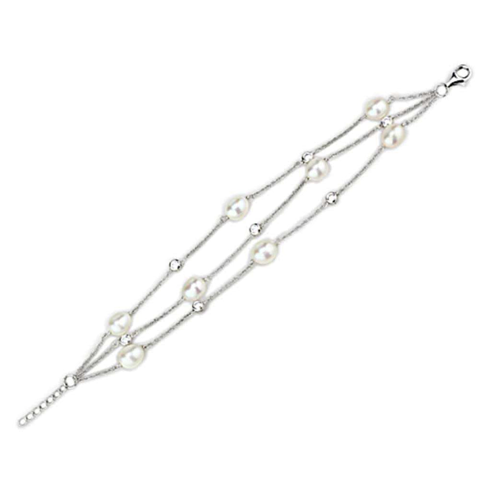LOS781 - Rhodium 925 Sterling Silver Bracelet with Synthetic Pearl in White - Alamode - Flyclothing LLC