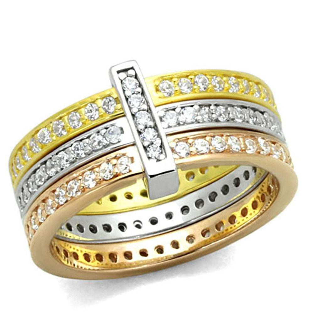 LOS811 - Rhodium + Gold + Rose Gold 925 Sterling Silver Ring with AAA Grade CZ in Clear - Alamode - Flyclothing LLC