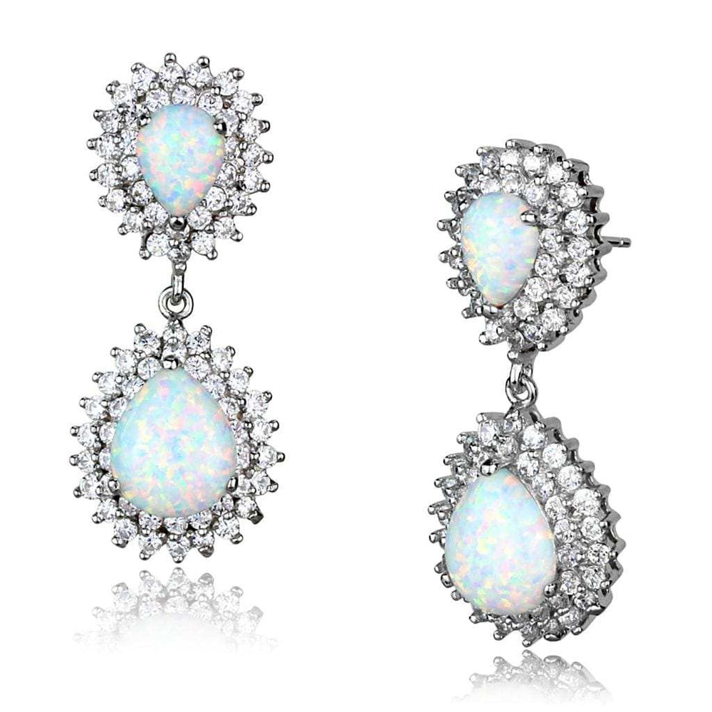 LOS879 - Rhodium 925 Sterling Silver Earrings with Semi-Precious Opal in Aurora Borealis (Rainbow Effect) - Alamode - Flyclothing LLC