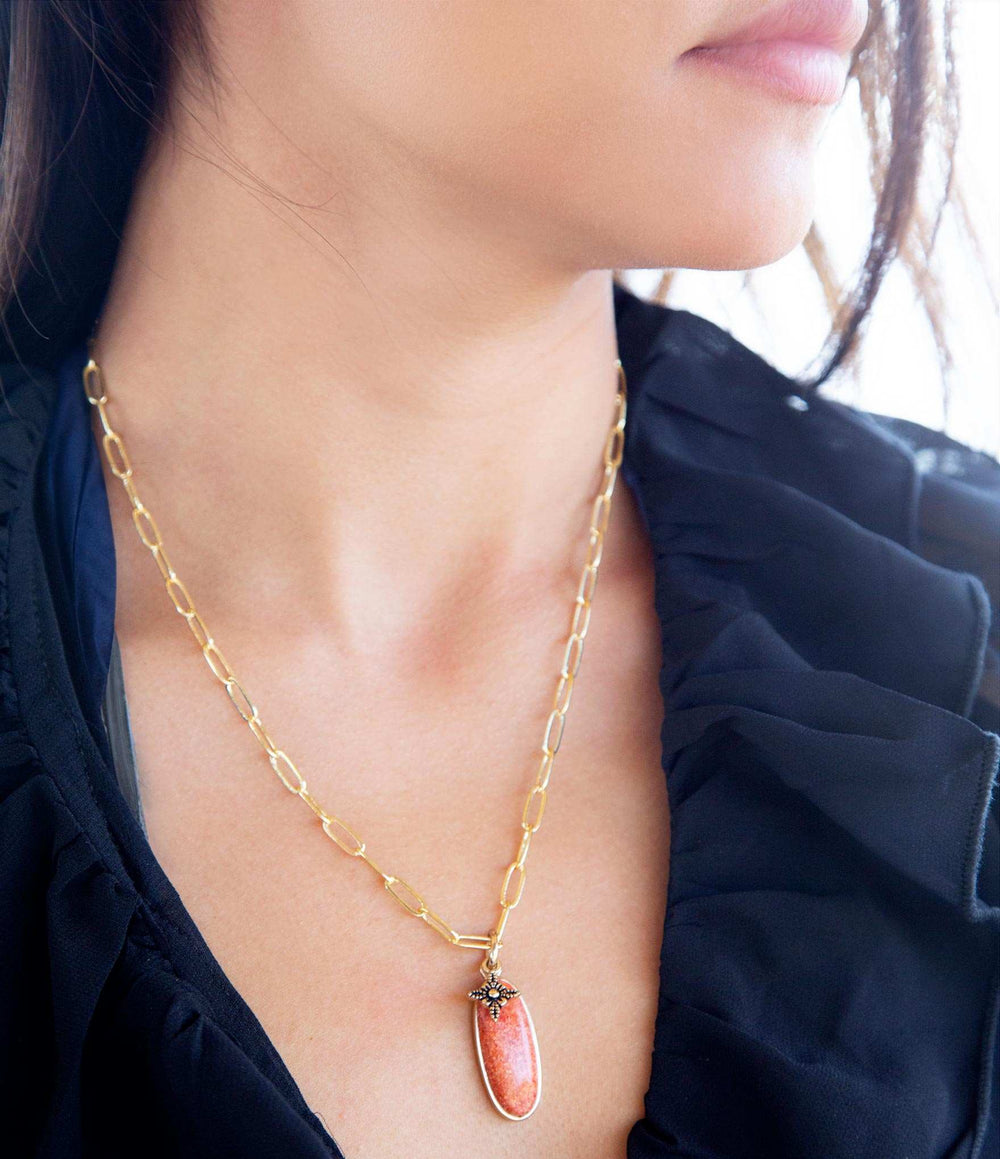 Lucent Orange Sponge Coral Pendant Golden Chain Necklace - Barse Jewelry - Flyclothing LLC