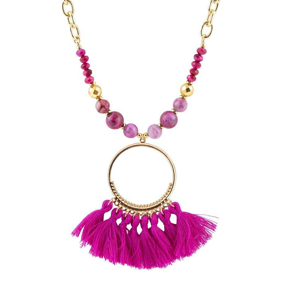 Pink Magenta Dreams Agate Tassel Golden Necklace - Barse Jewelry - Flyclothing LLC