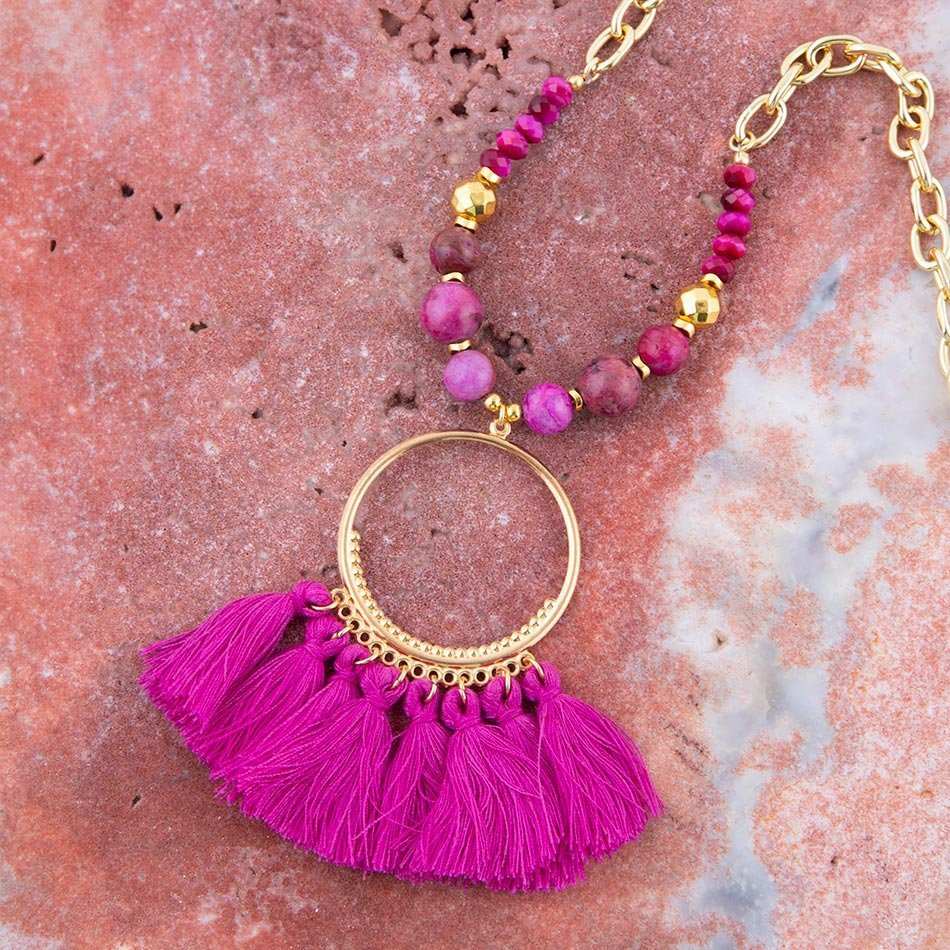 Pink Magenta Dreams Agate Tassel Golden Necklace - Barse Jewelry - Flyclothing LLC