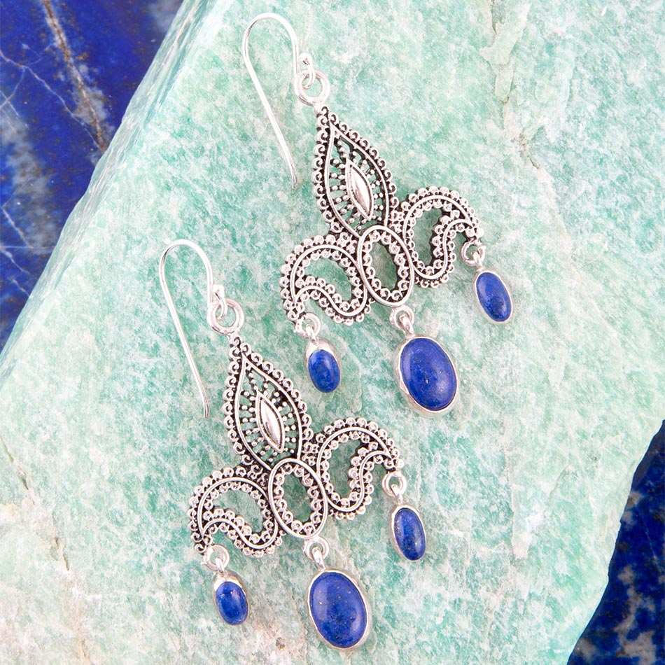 Mehendi Blue Lapis and Sterling Silver Chandelier Earrings - Barse Jewelry - Flyclothing LLC