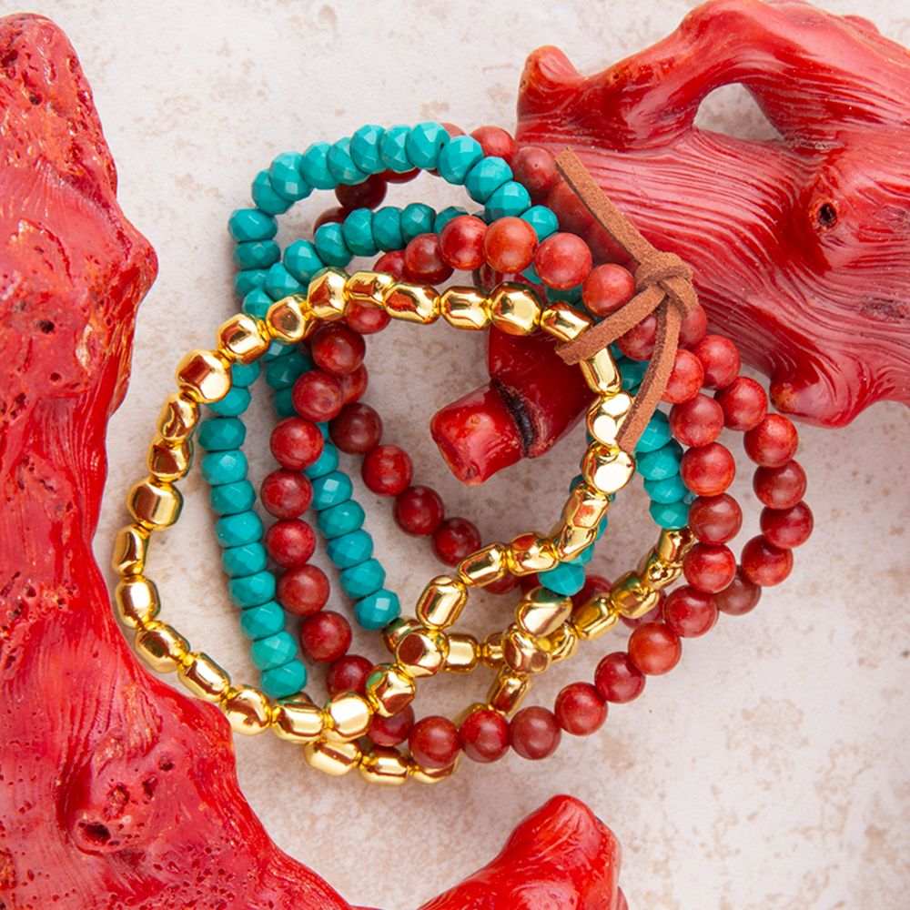 Mesa Blue Magnesite and Red Coral Golden Bracelet Set - Barse Jewelry - Flyclothing LLC