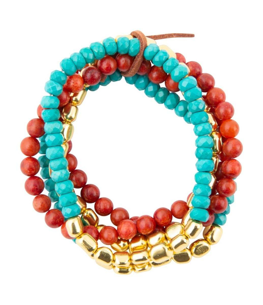Mesa Blue Magnesite and Red Coral Golden Bracelet Set - Barse Jewelry - Flyclothing LLC