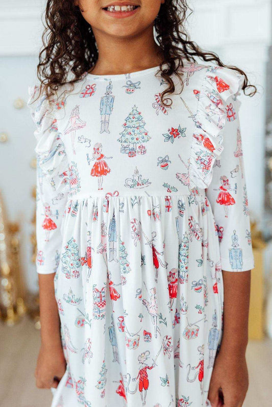 Clara's Christmas 3/4 Sleeve Ruffle Twirl Dress - Mila & Rose ® - Flyclothing LLC