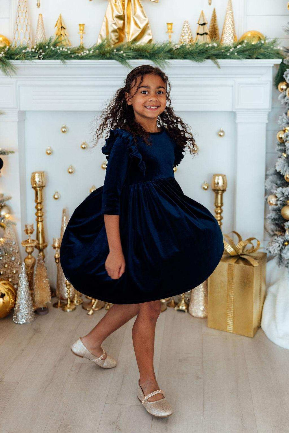 Navy Velvet Ruffle Twirl Dress - Mila & Rose ® - Flyclothing LLC