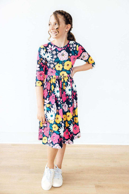 Midnight Floral 3/4 Sleeve Pocket Twirl Dress - Mila & Rose ® - Flyclothing LLC