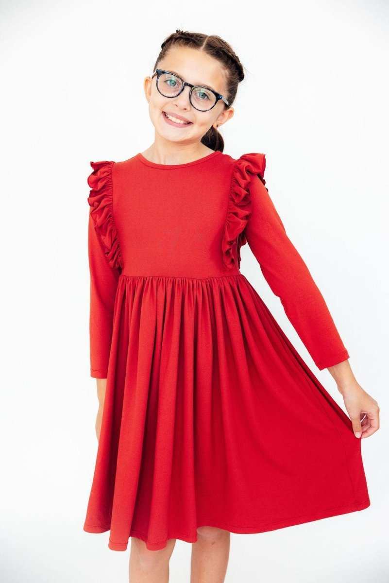 Red L/S Ruffle Twirl Dress - Mila & Rose ® - Flyclothing LLC