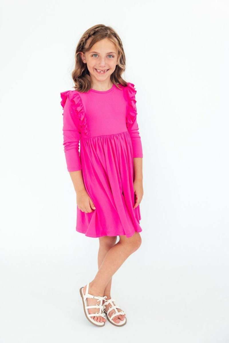 Hot Pink L/S Ruffle Twirl Dress - Mila & Rose ® - Flyclothing LLC
