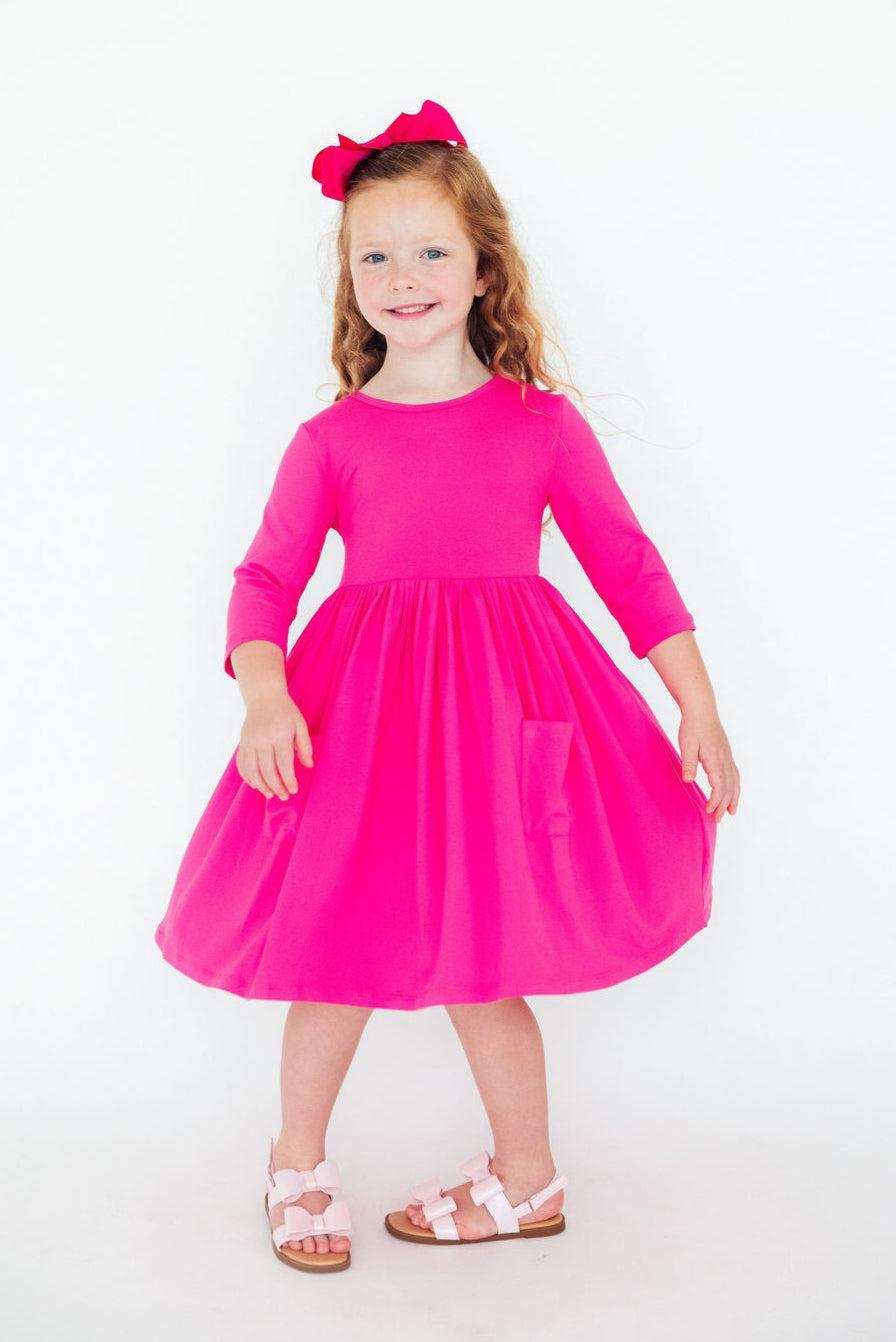 Hot Pink 3/4 Sleeve Pocket Twirl Dress - Mila & Rose ® - Flyclothing LLC