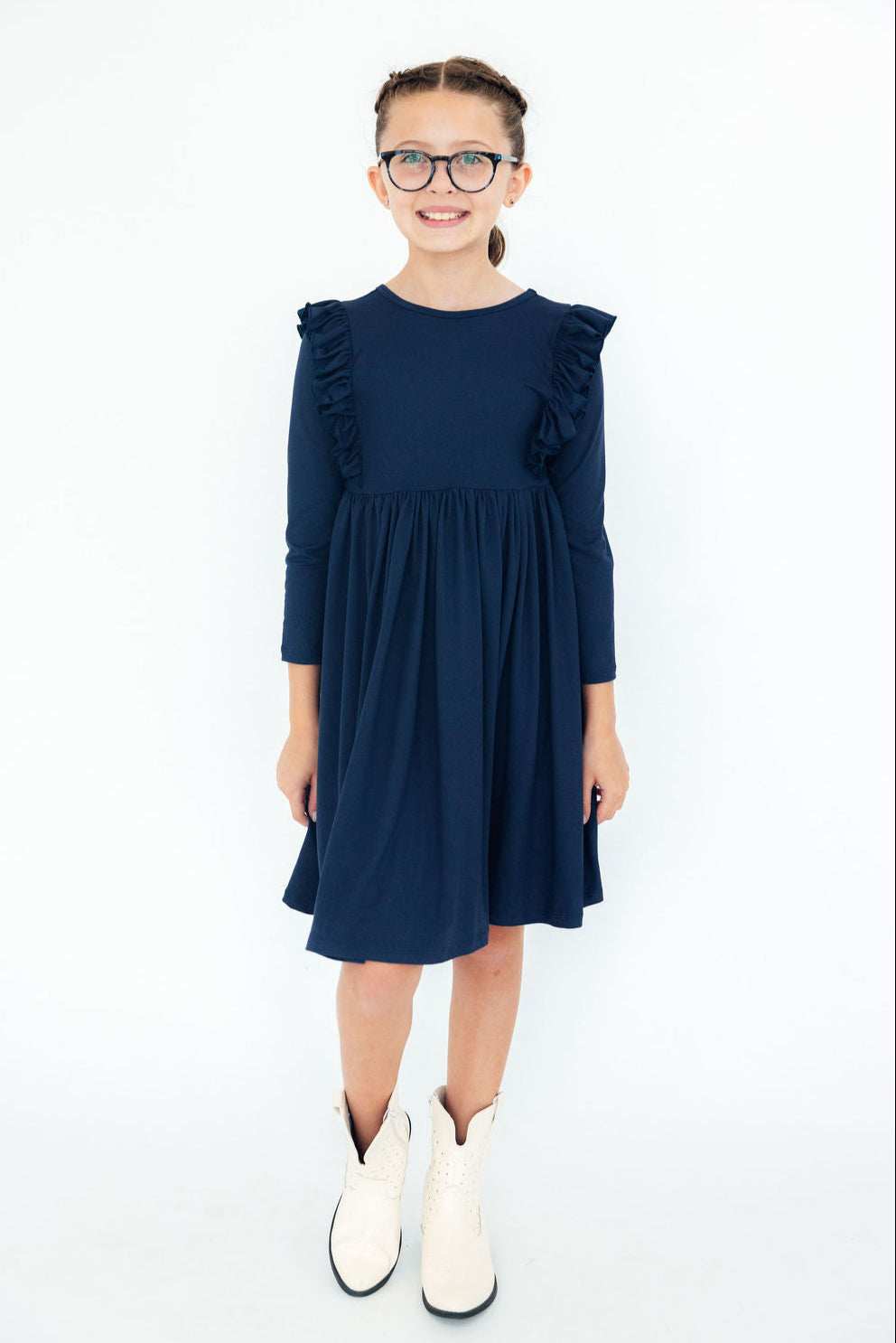 Navy L/S Ruffle Twirl Dress - Mila & Rose ® - Flyclothing LLC