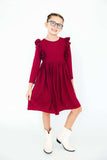Burgundy L/S Ruffle Twirl Dress - Mila & Rose ® - Flyclothing LLC