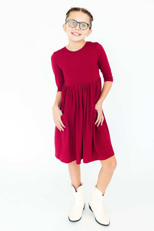 Burgundy 3/4 Sleeve Pocket Twirl Dress - Mila & Rose ® - Flyclothing LLC