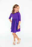 Purple 3/4 Sleeve Pocket Twirl Dress