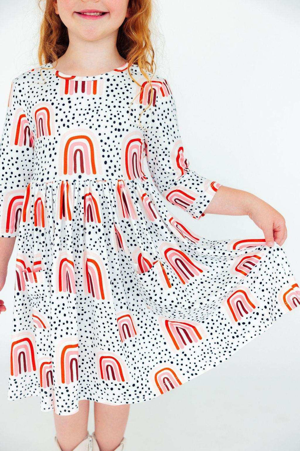 Peach Rainbow 3/4 Sleeve Pocket Twirl Dress - Mila & Rose ® - Flyclothing LLC