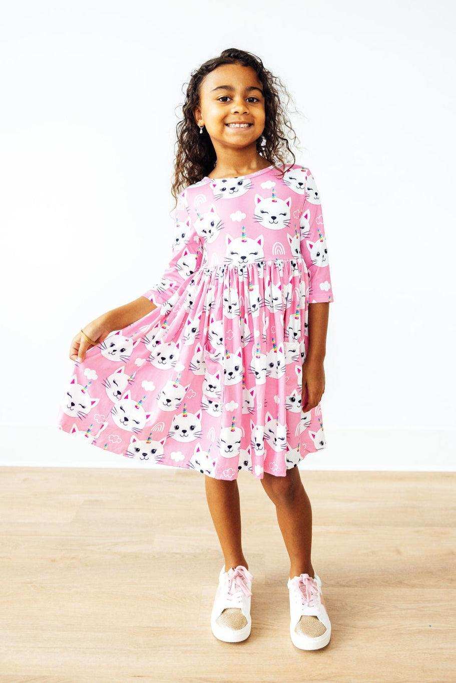 Unicorn Kitties 3/4 Sleeve Pocket Twirl Dress - Mila & Rose ® - Flyclothing LLC
