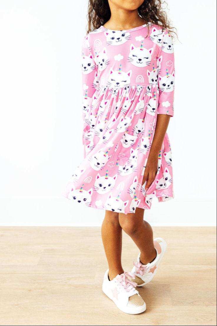 Unicorn Kitties 3/4 Sleeve Pocket Twirl Dress - Mila & Rose ® - Flyclothing LLC