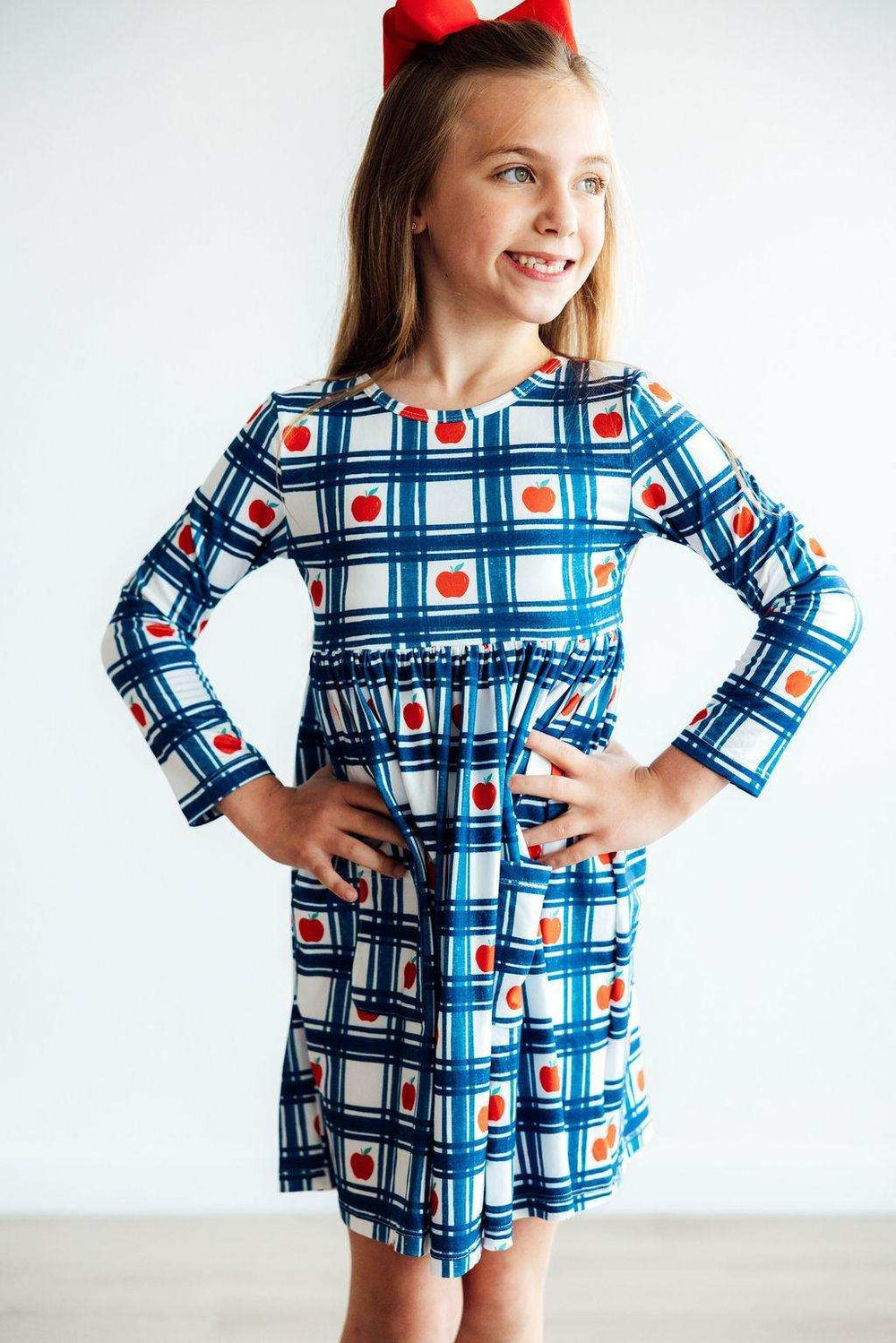 Plaid Apples L/S Pocket Twirl Dress - Mila & Rose ® - Flyclothing LLC