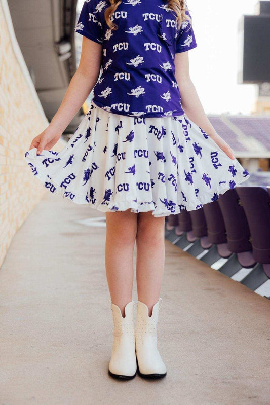 TCU White Frog Ruffle Twirl Skort - Mila & Rose ® - Flyclothing LLC