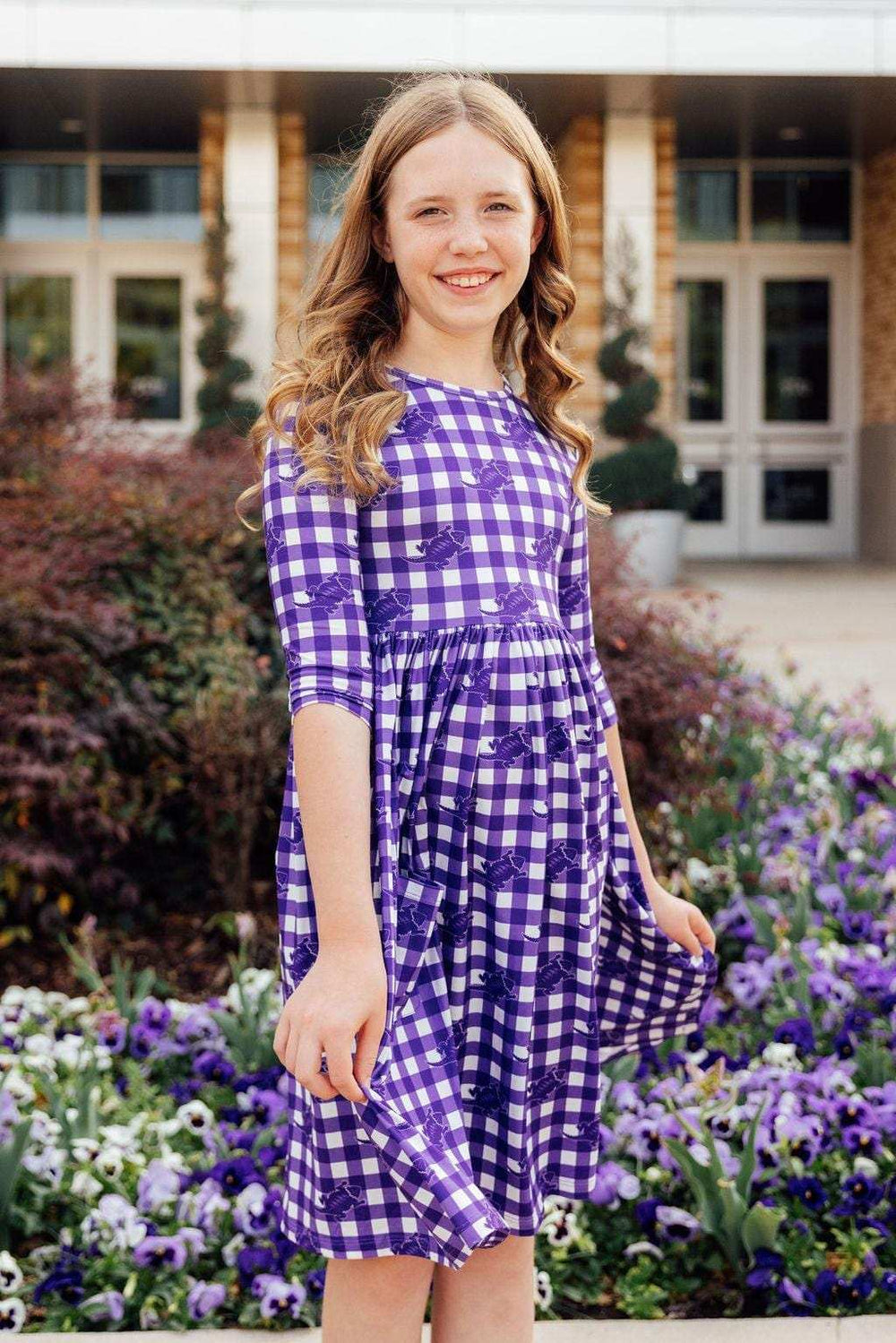 TCU Plaid Frog 3/4 Sleeve Pocket Twirl Dress - Mila & Rose ® - Flyclothing LLC