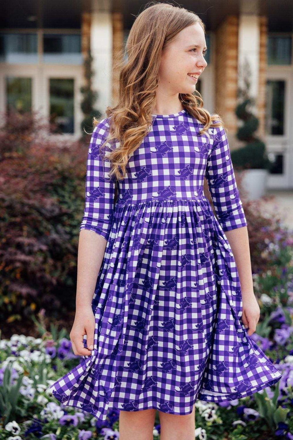 TCU Plaid Frog 3/4 Sleeve Pocket Twirl Dress - Mila & Rose ® - Flyclothing LLC