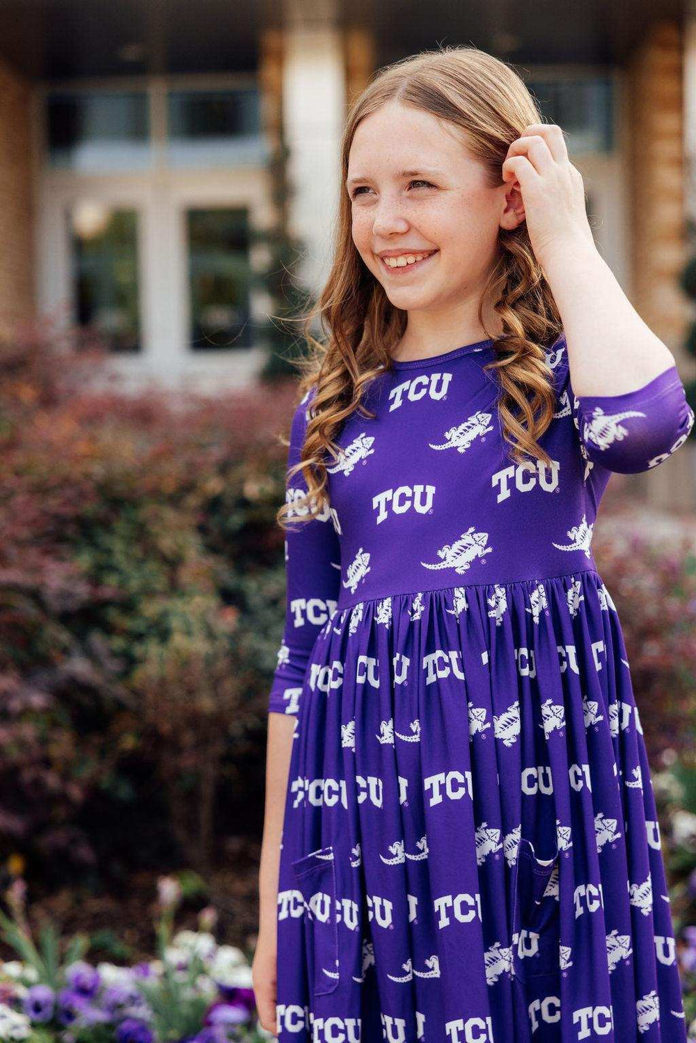 TCU Purple Frog 3/4 Sleeve Pocket Twirl Dress - Mila & Rose ® - Flyclothing LLC