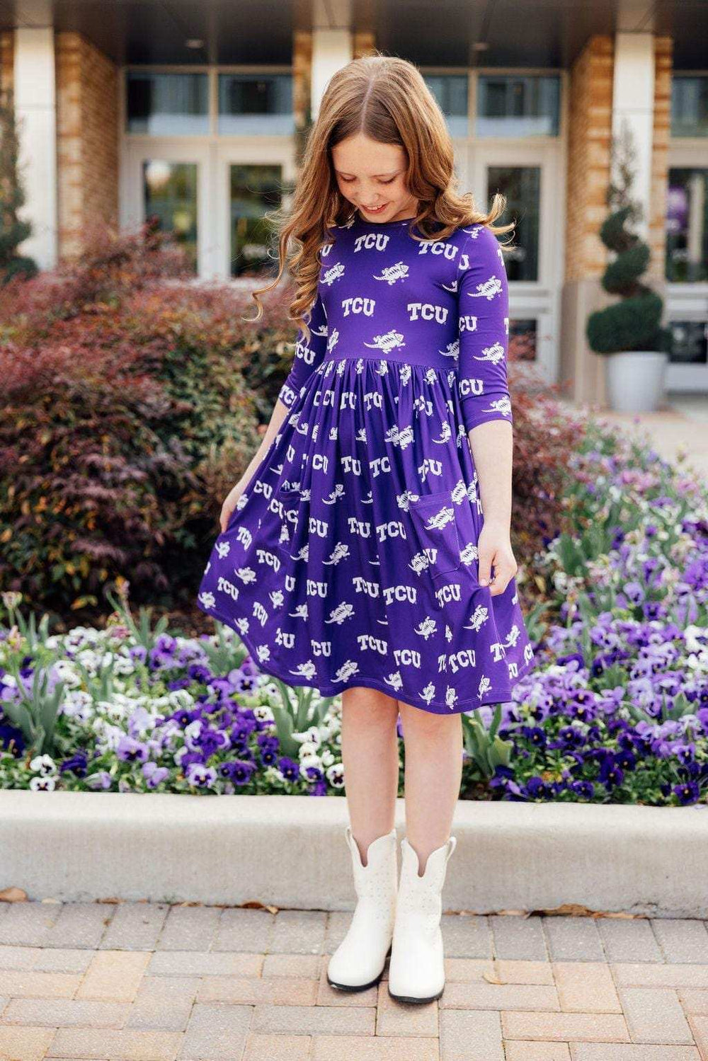 TCU Purple Frog 3/4 Sleeve Pocket Twirl Dress - Mila & Rose ® - Flyclothing LLC