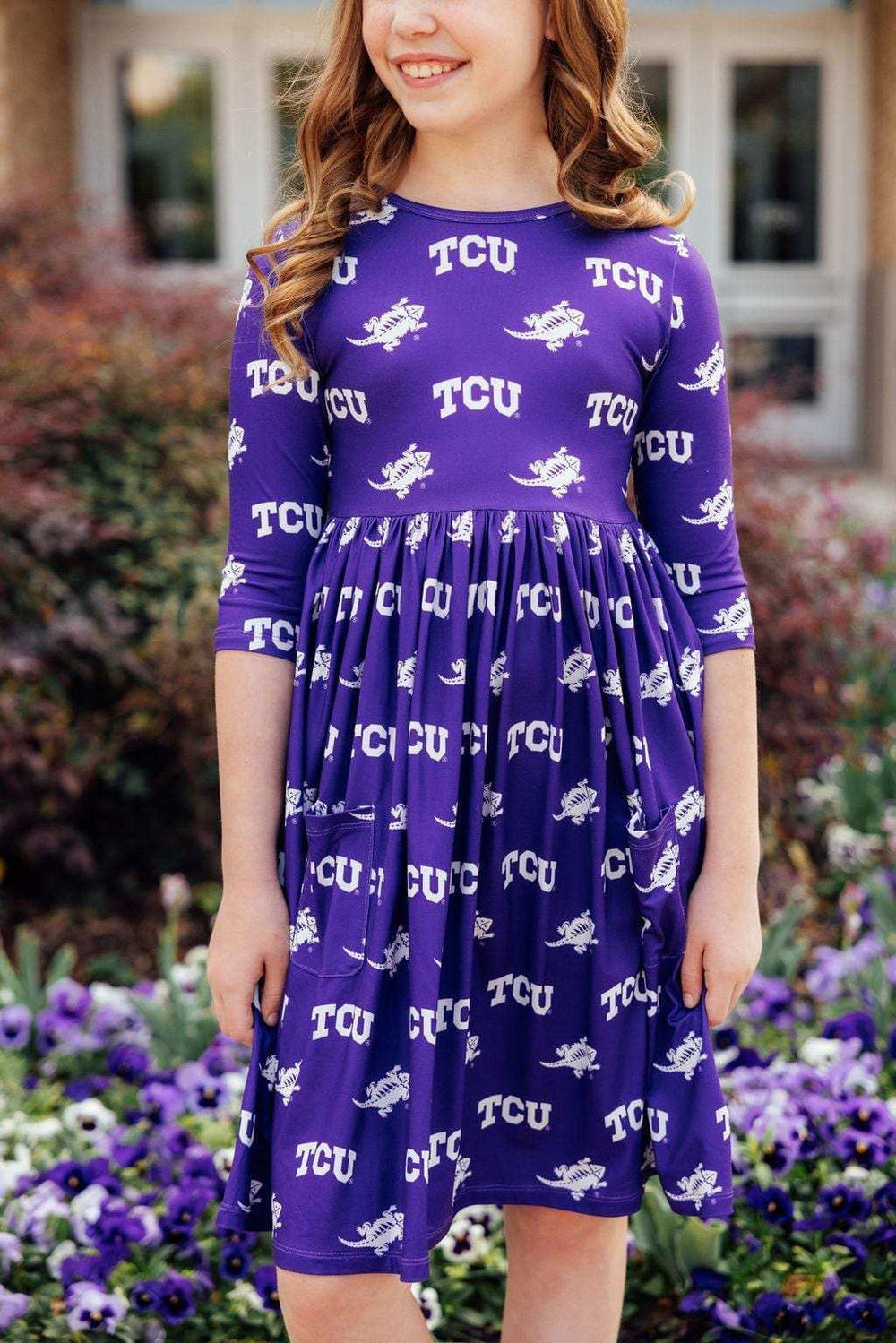 TCU Purple Frog 3/4 Sleeve Pocket Twirl Dress - Mila & Rose ® - Flyclothing LLC