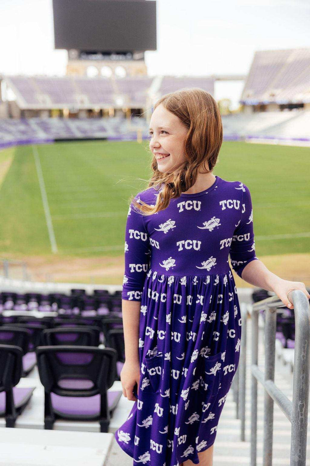 TCU Purple Frog 3/4 Sleeve Pocket Twirl Dress - Mila & Rose ® - Flyclothing LLC