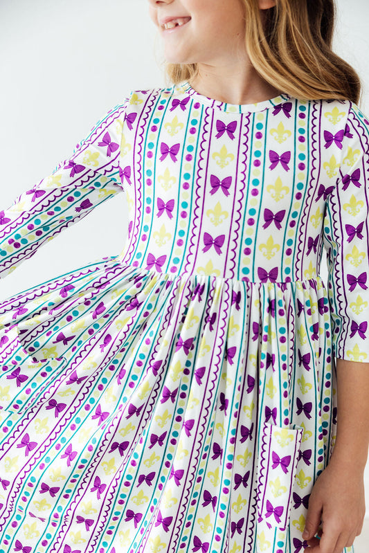 Mardi Gras 3/4 Sleeve Pocket Twirl Dress