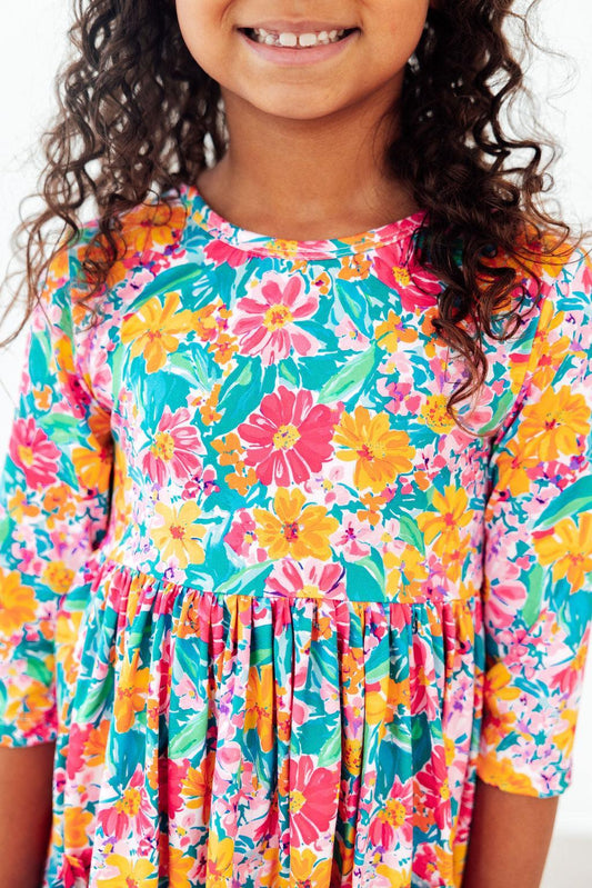 Floral Fiesta 3/4 Sleeve Pocket Twirl Dress