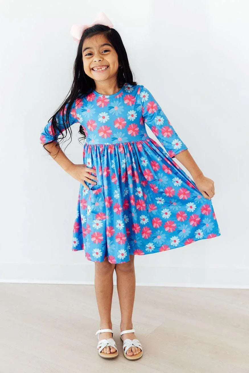 Cotton Candy Daisy 3/4 Sleeve Pocket Twirl Dress - Mila & Rose ® - Flyclothing LLC