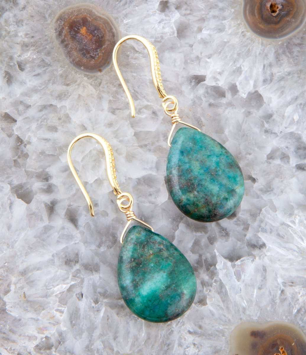Mix of Blue and Green Chrysocolla Golden Drop Earrings - Barse Jewelry - Flyclothing LLC