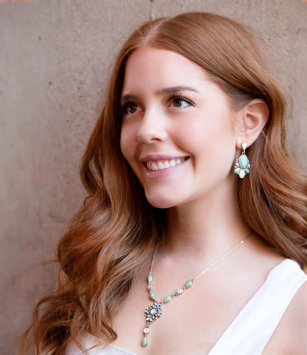 White Mother of Pearl and Blue Turquoise Golden Barcelona Y-Necklace - Barse Jewelry - Flyclothing LLC