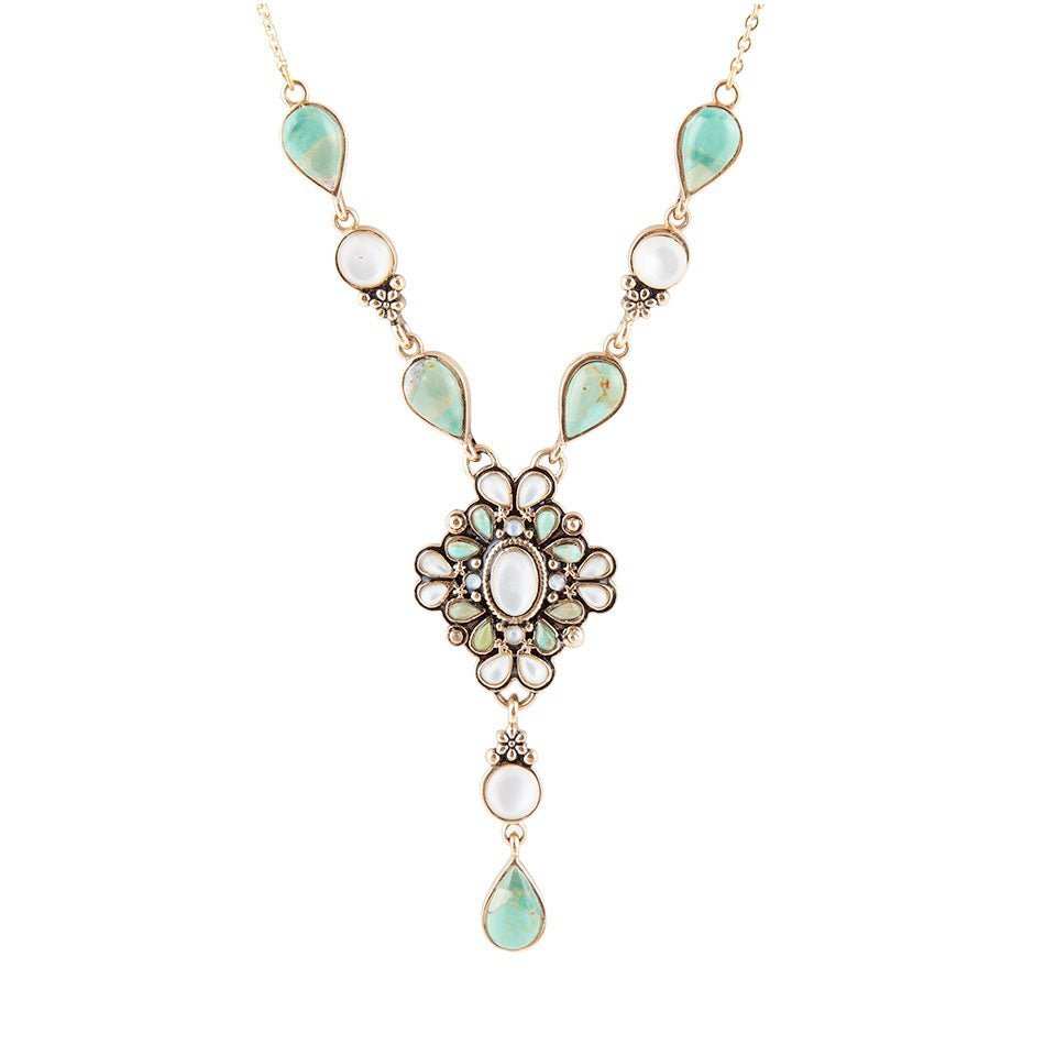 White Mother of Pearl and Blue Turquoise Golden Barcelona Y-Necklace - Barse Jewelry - Flyclothing LLC