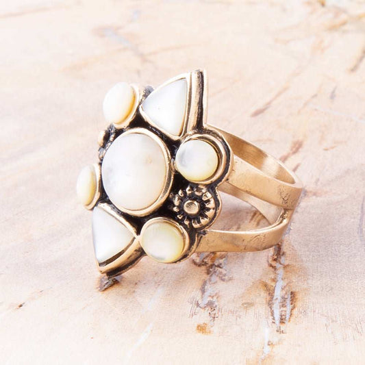 White Mother of Pearl Golden Statement Ring - Barse Jewelry - Flyclothing LLC