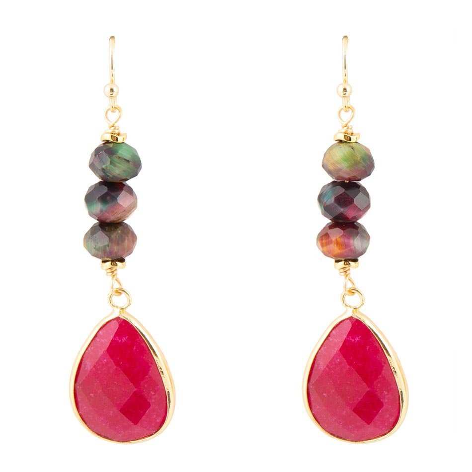 Jeweled Multicolor Tiger's Eye and Pink Agate Golden Drop Earrings - Barse Jewelry - Flyclothing LLC
