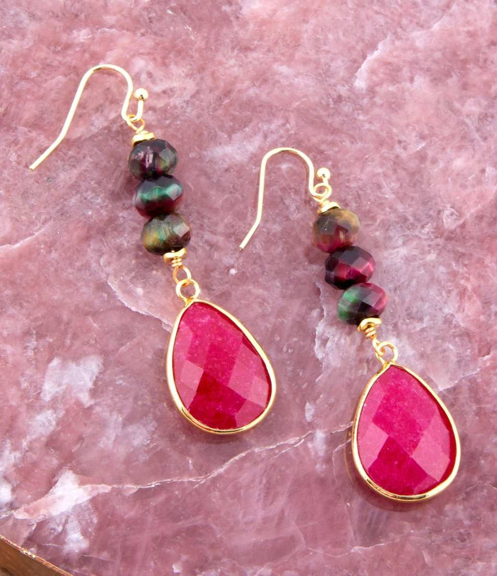 Jeweled Multicolor Tiger's Eye and Pink Agate Golden Drop Earrings - Barse Jewelry - Flyclothing LLC